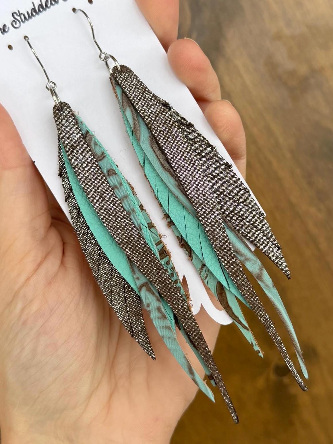 Fringe Feather Genuine Leather Earrings - Aqua Blue and Brown