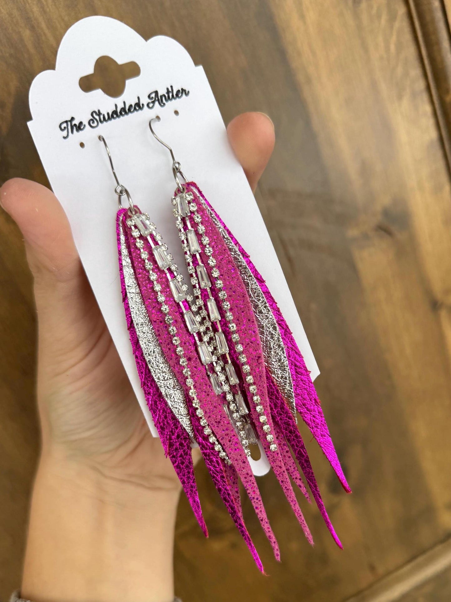 Fringe Feather Genuine Leather Earrings - Hot Pink Metallic and Silver