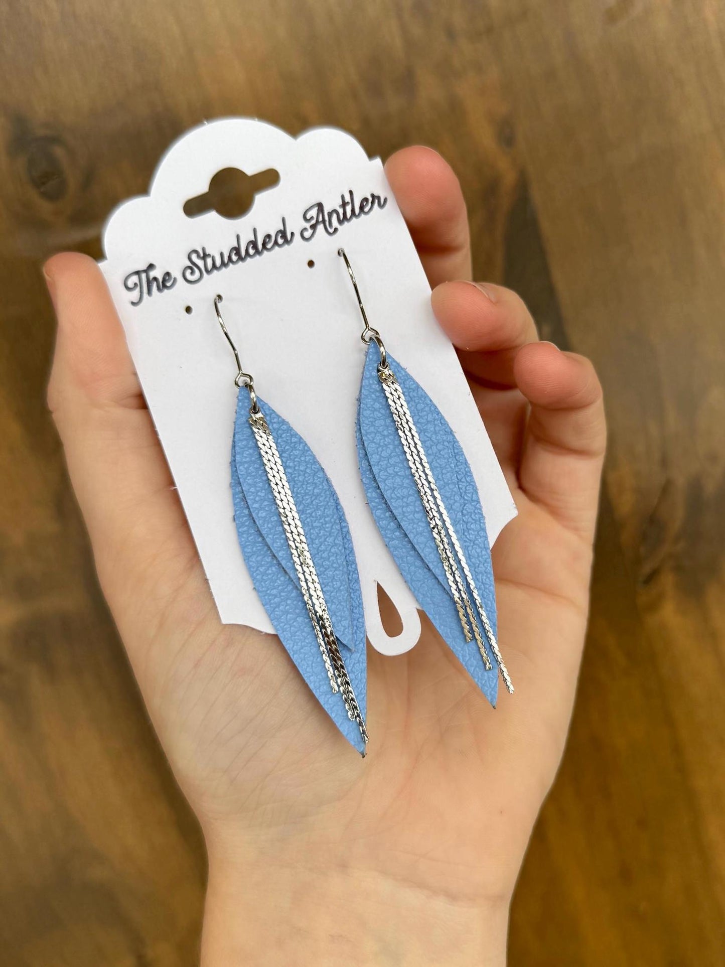 Teardrop Genuine Leather Earrings - Pastel Blue and Silver