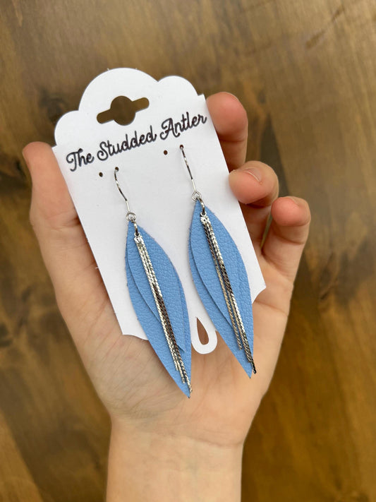 Teardrop Genuine Leather Earrings - Pastel Blue and Silver