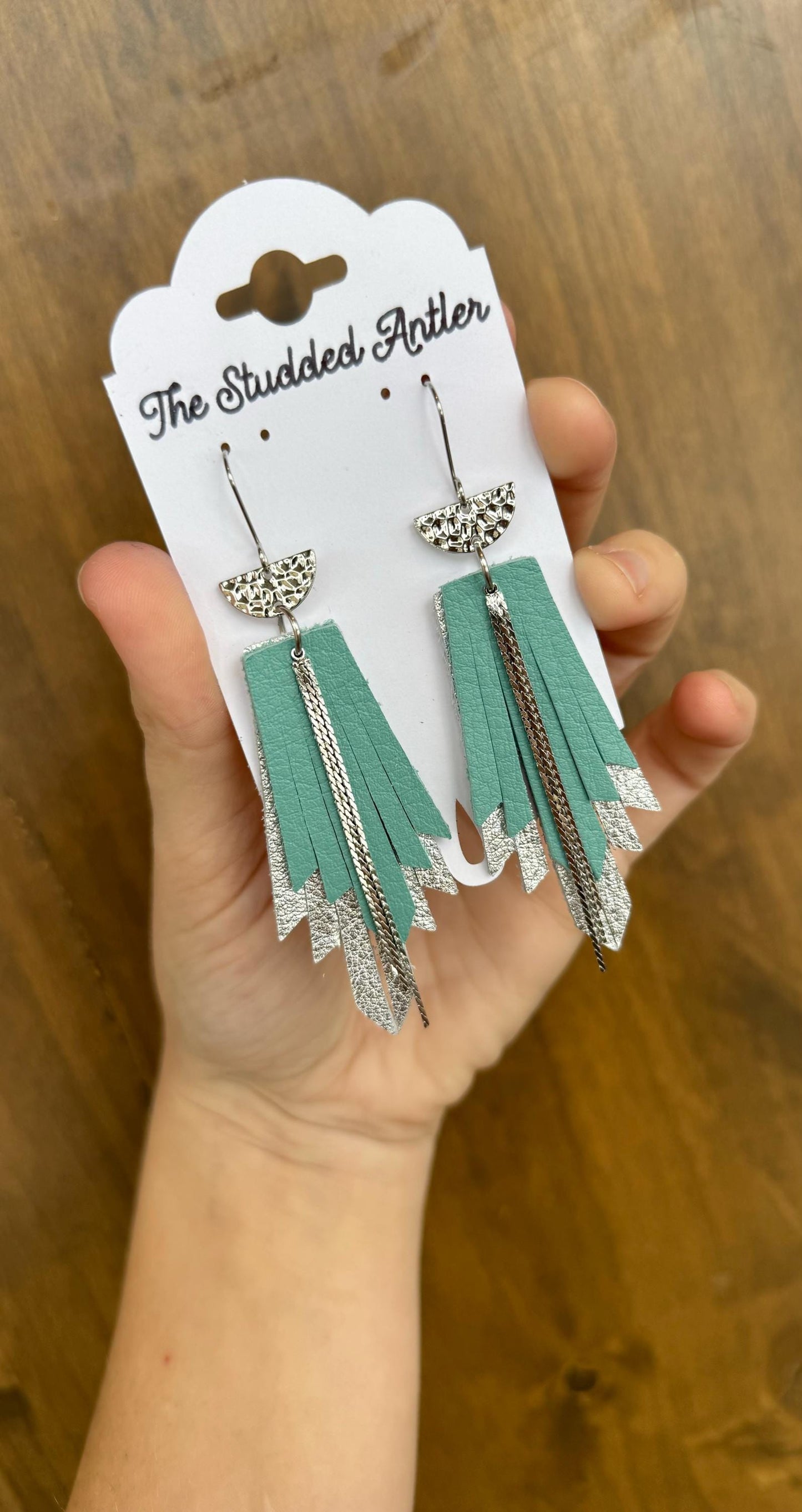 Fringe Feather Genuine Leather Earrings - Silver and Aqua Blue