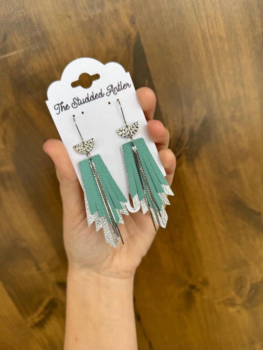 Fringe Feather Genuine Leather Earrings - Silver and Aqua Blue