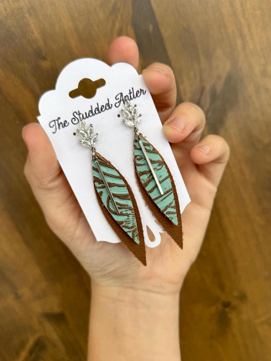 Teardrop Genuine Leather Earrings - Teal and Brown tooled