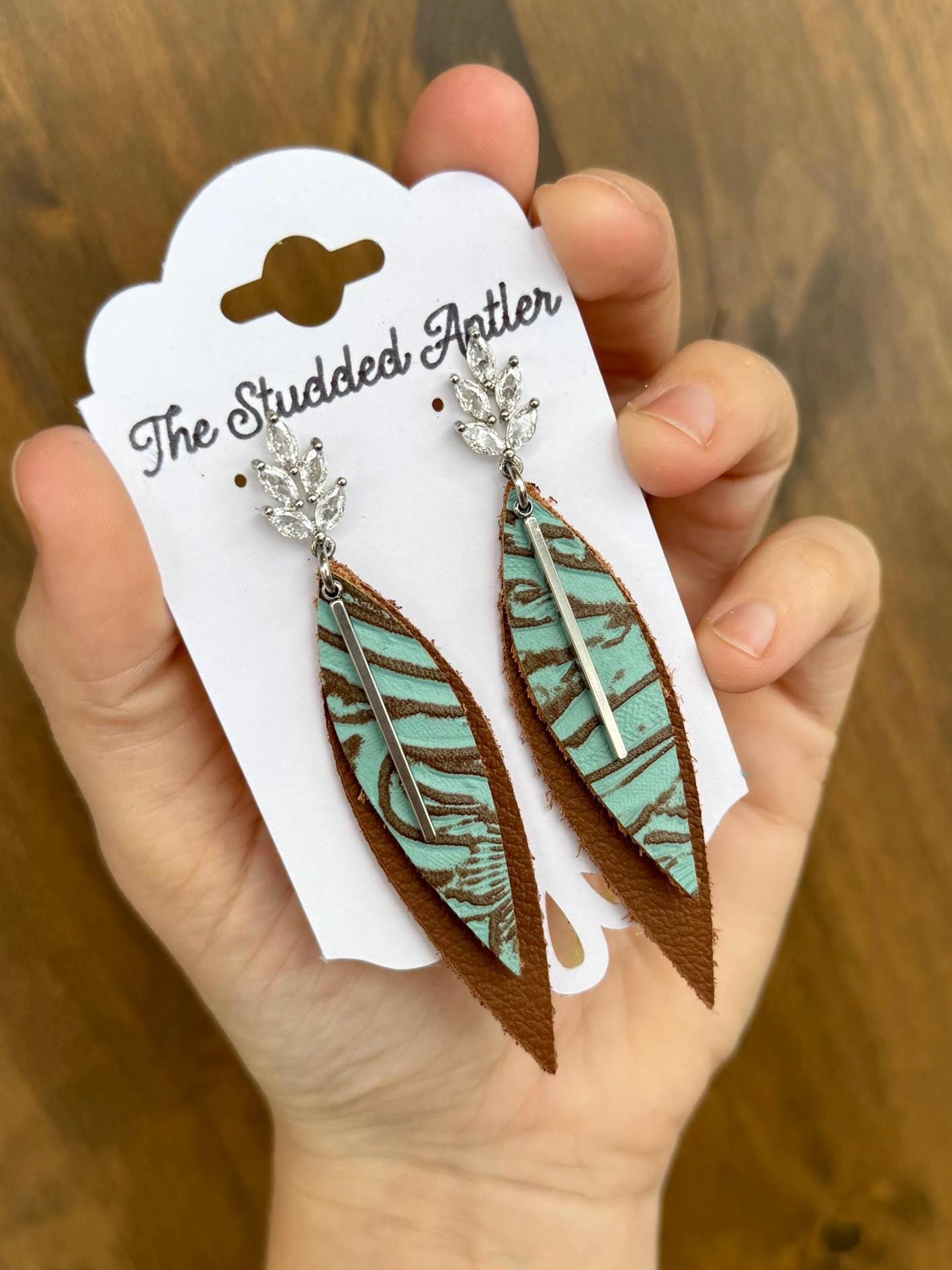 Teardrop Genuine Leather Earrings - Teal and Brown tooled