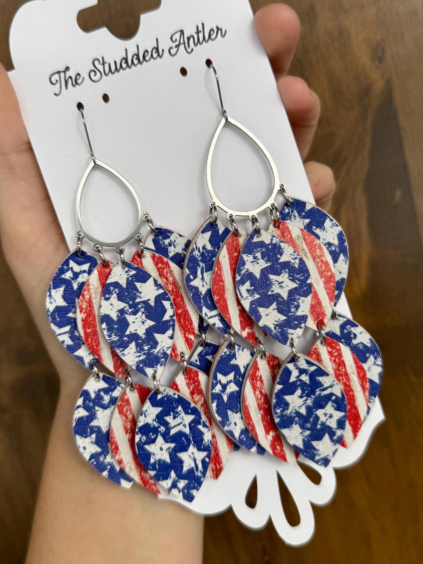 Teardrop Hoop Genuine Leather Earrings - Red, White and Blue Stars and Stripes