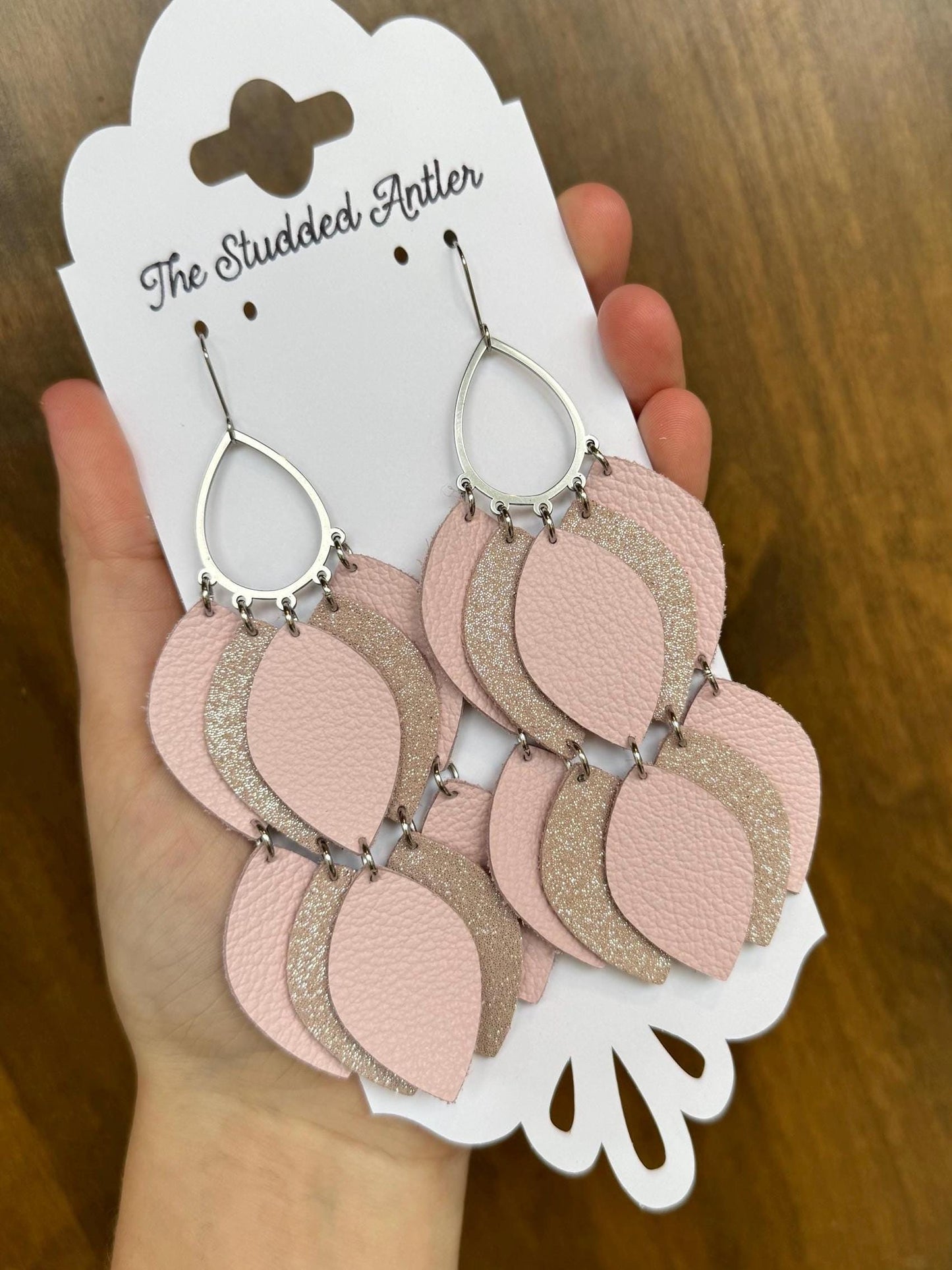 Teardrop Hoop Genuine Leather Earrings - Light Pink Blush