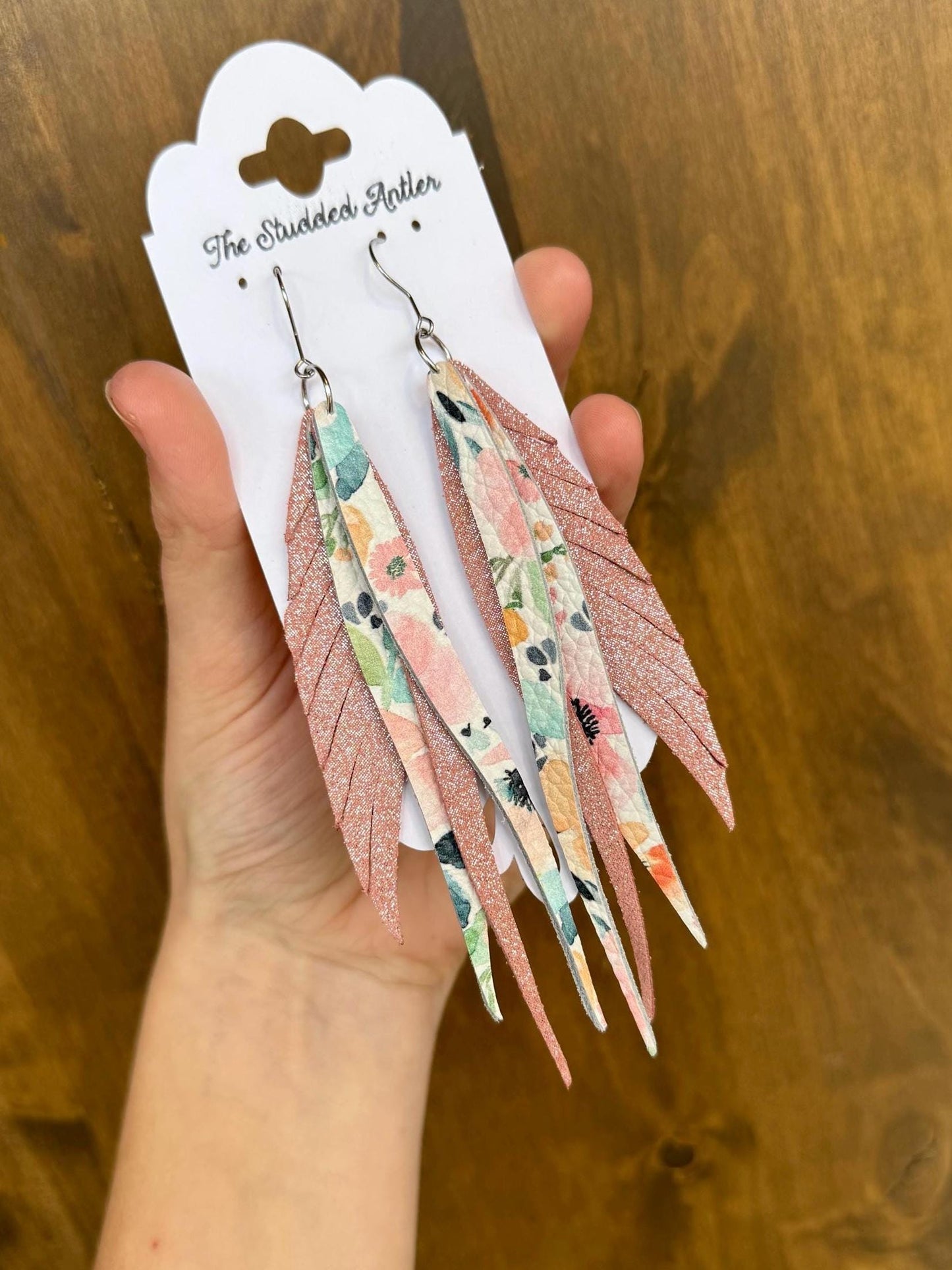 Fringe Feather Genuine Leather Earrings - Pink Floral