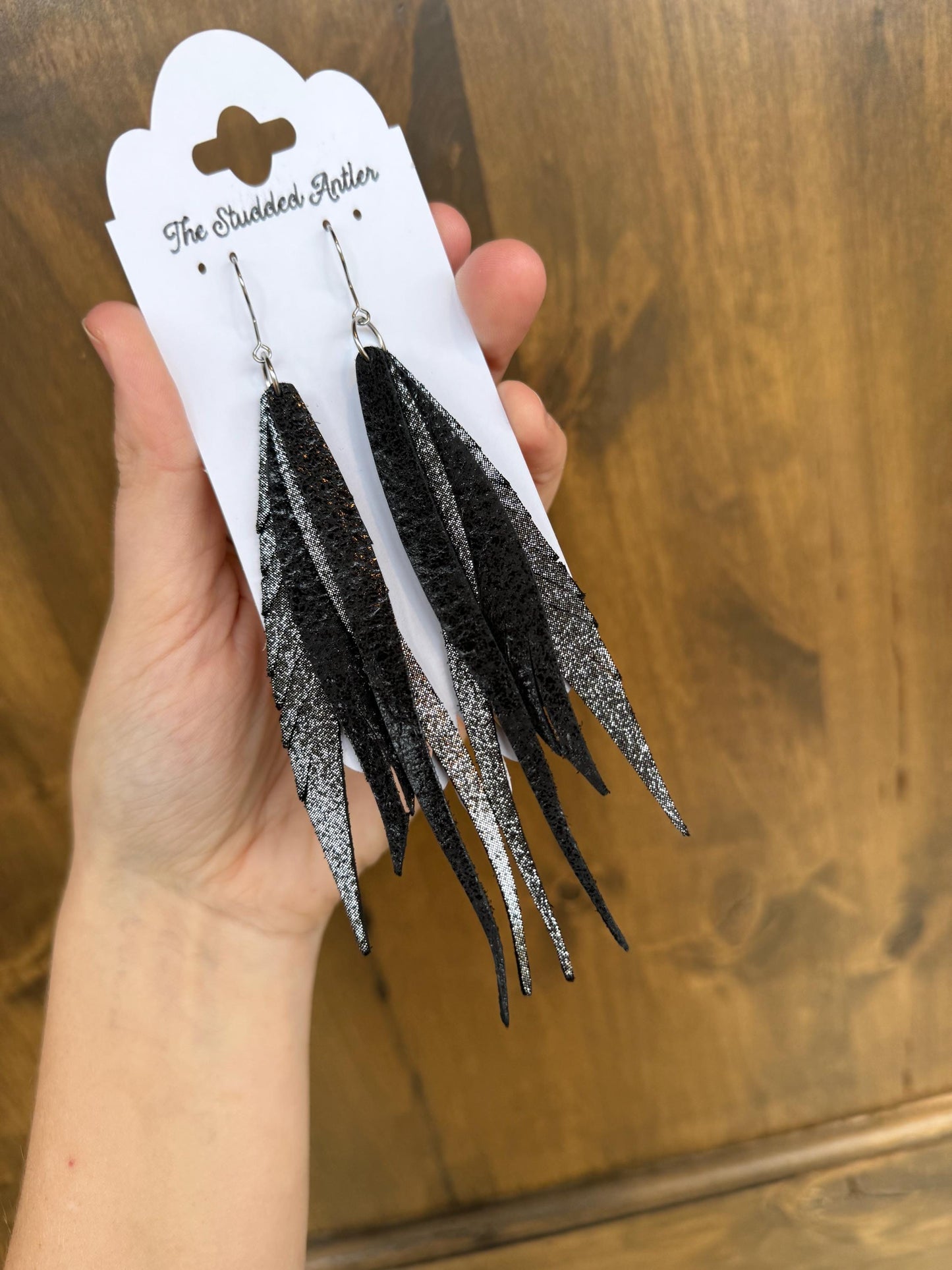 Fringe Feather Genuine Leather Earrings - Black Shimmer