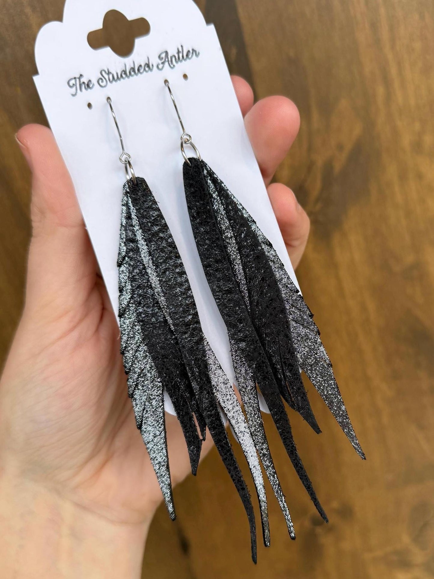 Fringe Feather Genuine Leather Earrings - Black Shimmer