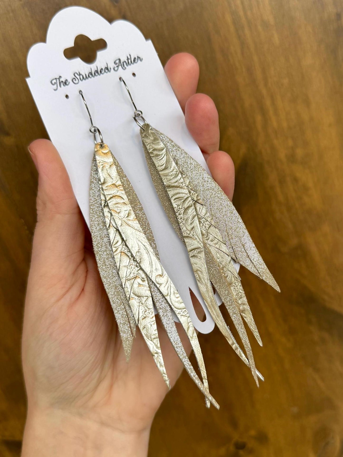 Fringe Feather Genuine Leather Earrings - Champagne Gold