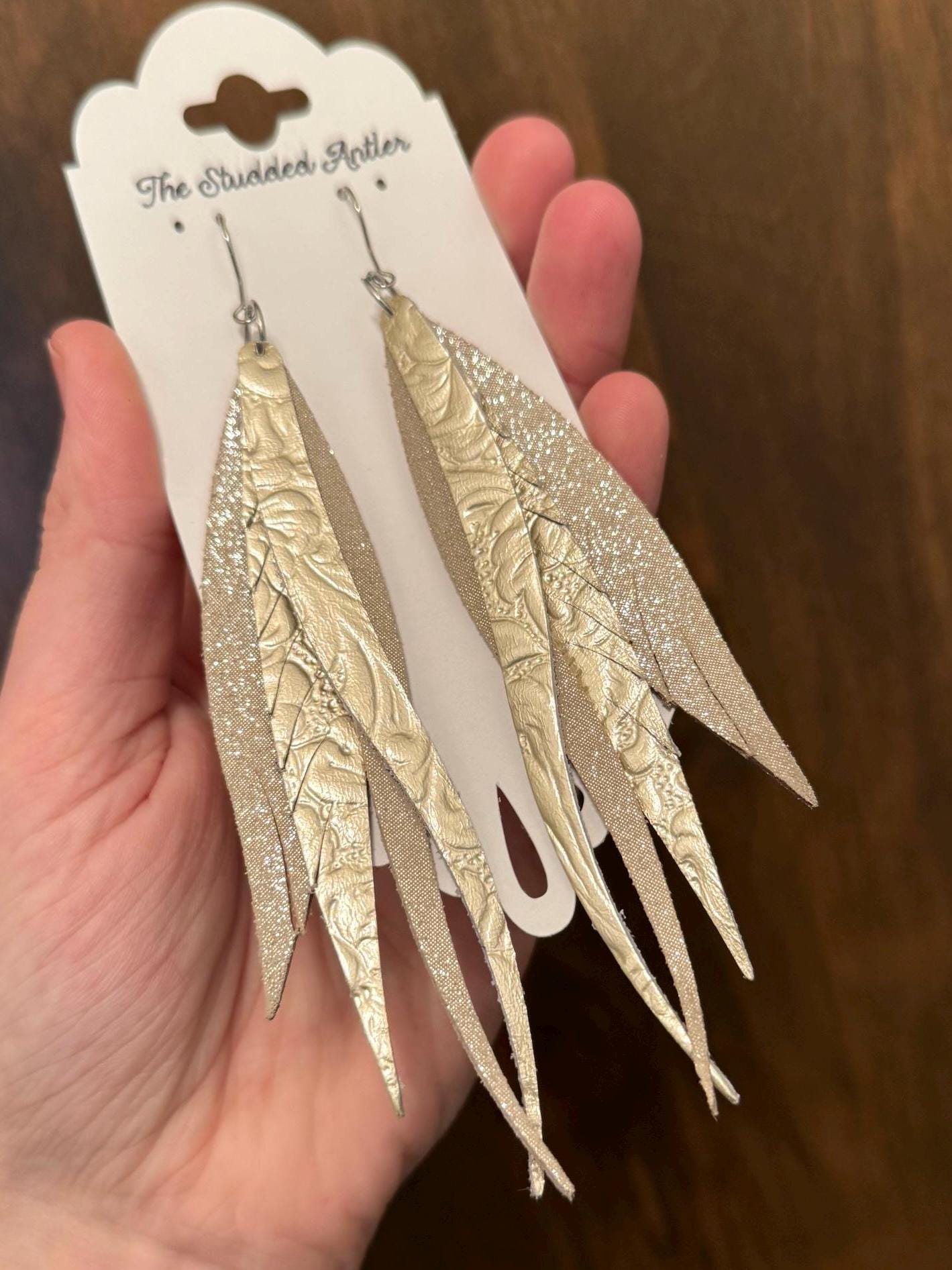 Fringe Feather Genuine Leather Earrings - Champagne Gold