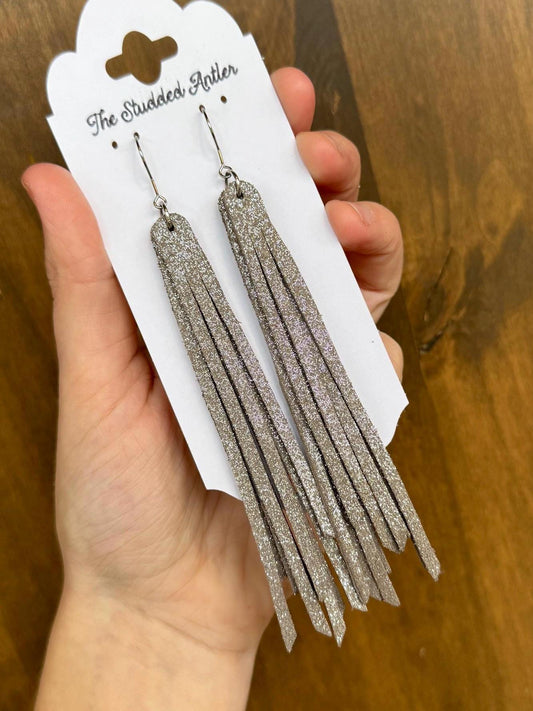 Fringe Feather Genuine Leather Earrings - Taupe Shimmer