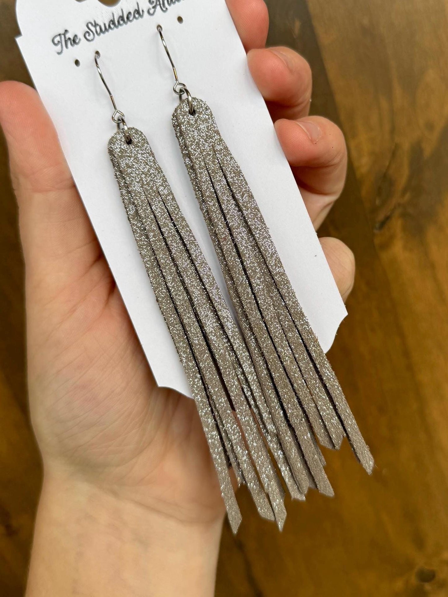 Fringe Feather Genuine Leather Earrings - Taupe Shimmer