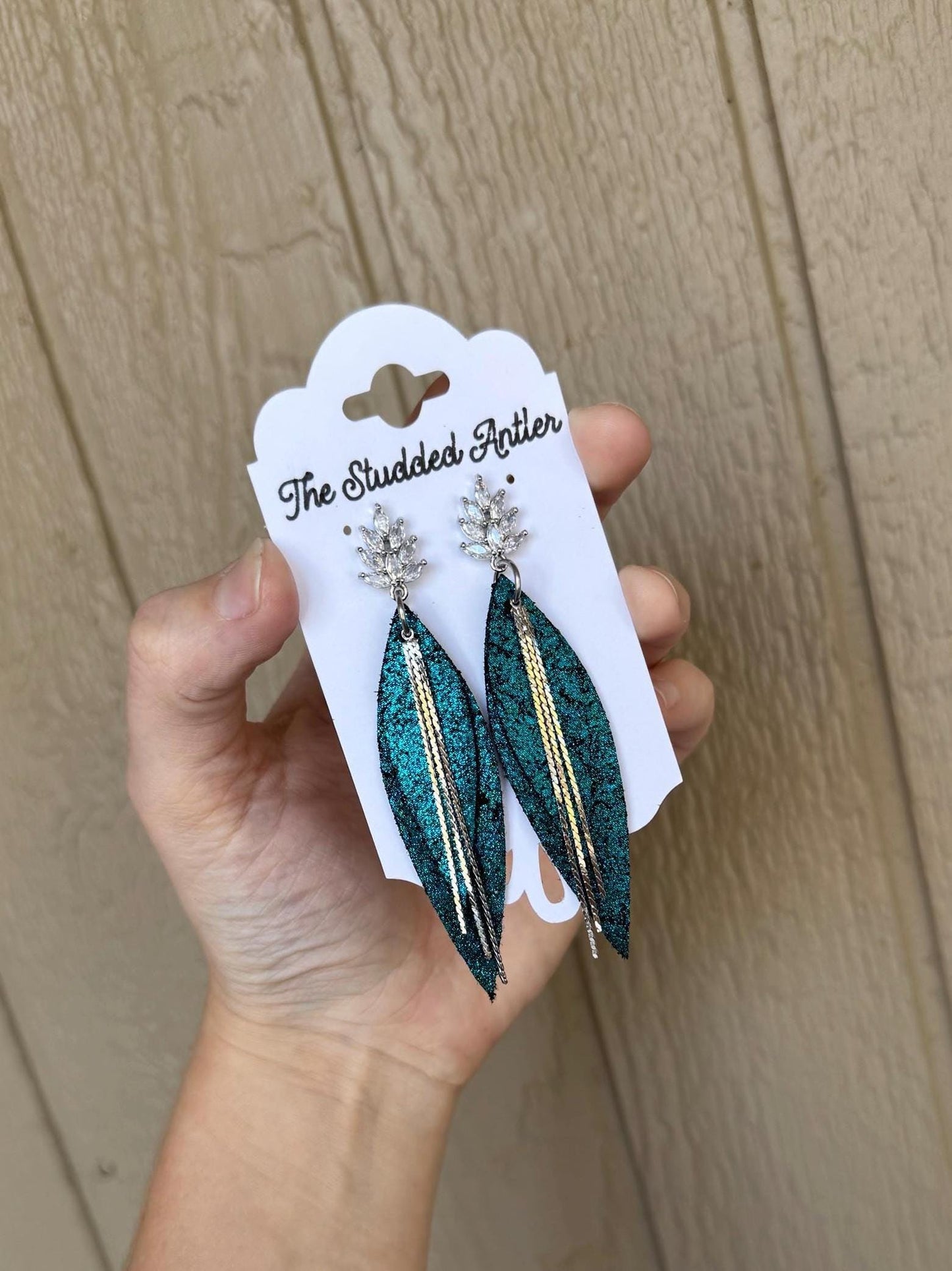 Fringe Feather Genuine Leather Earrings - Dark Teal and Silver