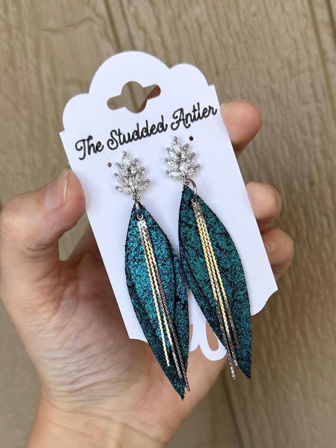 Fringe Feather Genuine Leather Earrings - Dark Teal and Silver