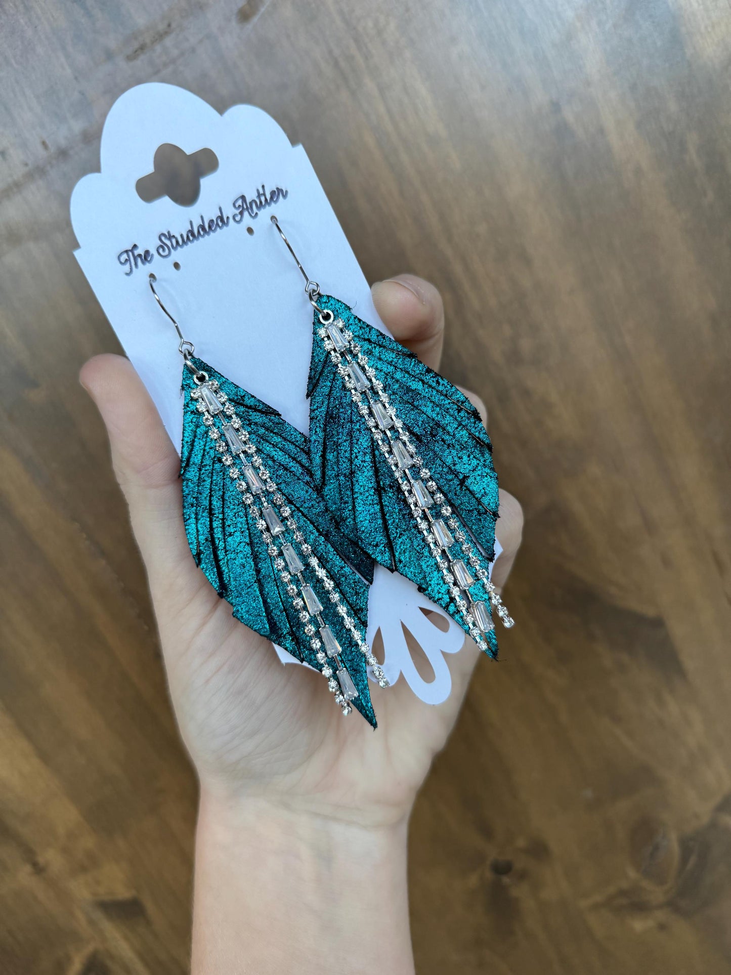 Fringe Feather Genuine Leather Earrings - Dark Teal Sparkle and silver