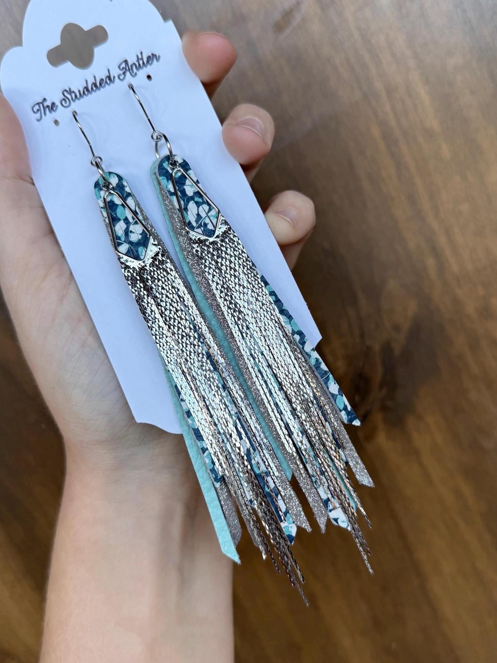 Blue Taupe and Silver handmade leather earrings with silver tassels NFR jewelry