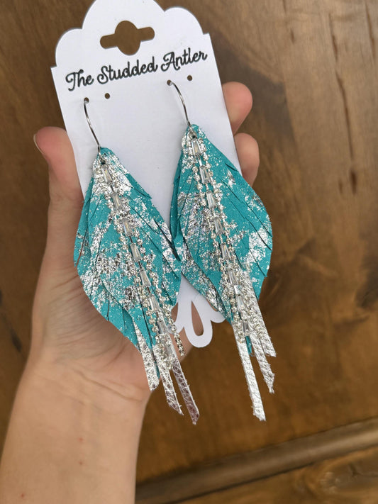 Fringe Feather Genuine Leather Earrings - Blue and Silver