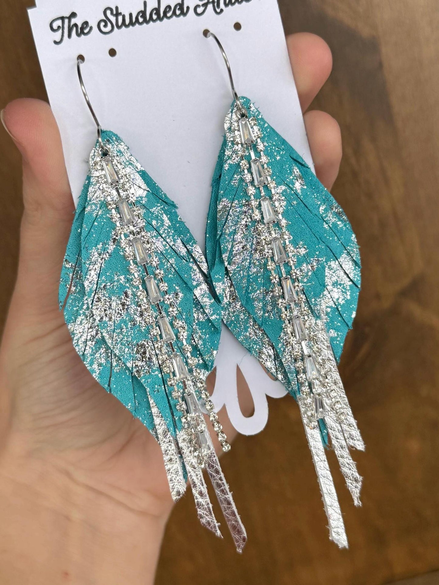 Fringe Feather Genuine Leather Earrings - Blue and Silver