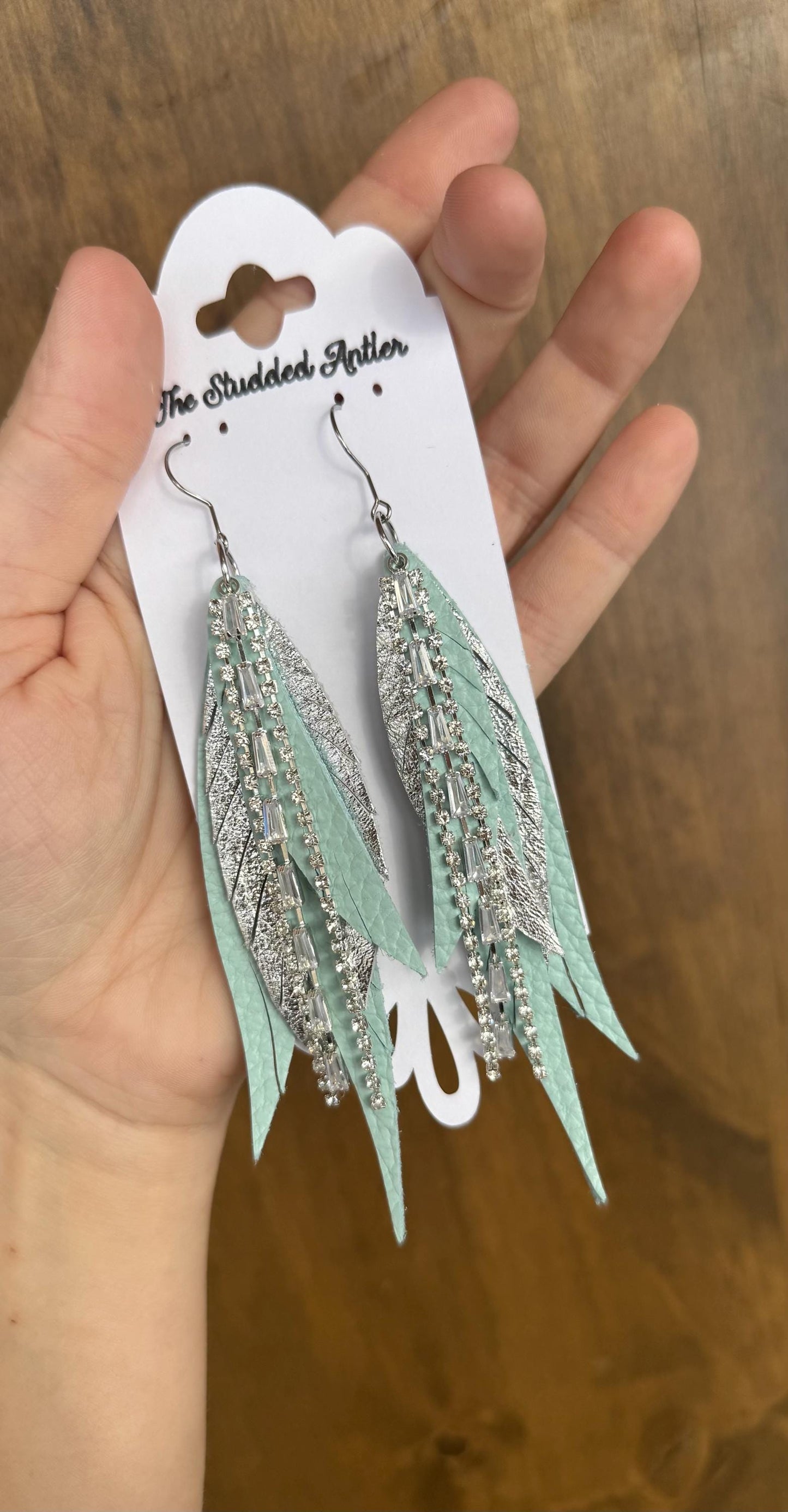 Fringe Feather Genuine Leather Earrings - Mint Blue and Silver