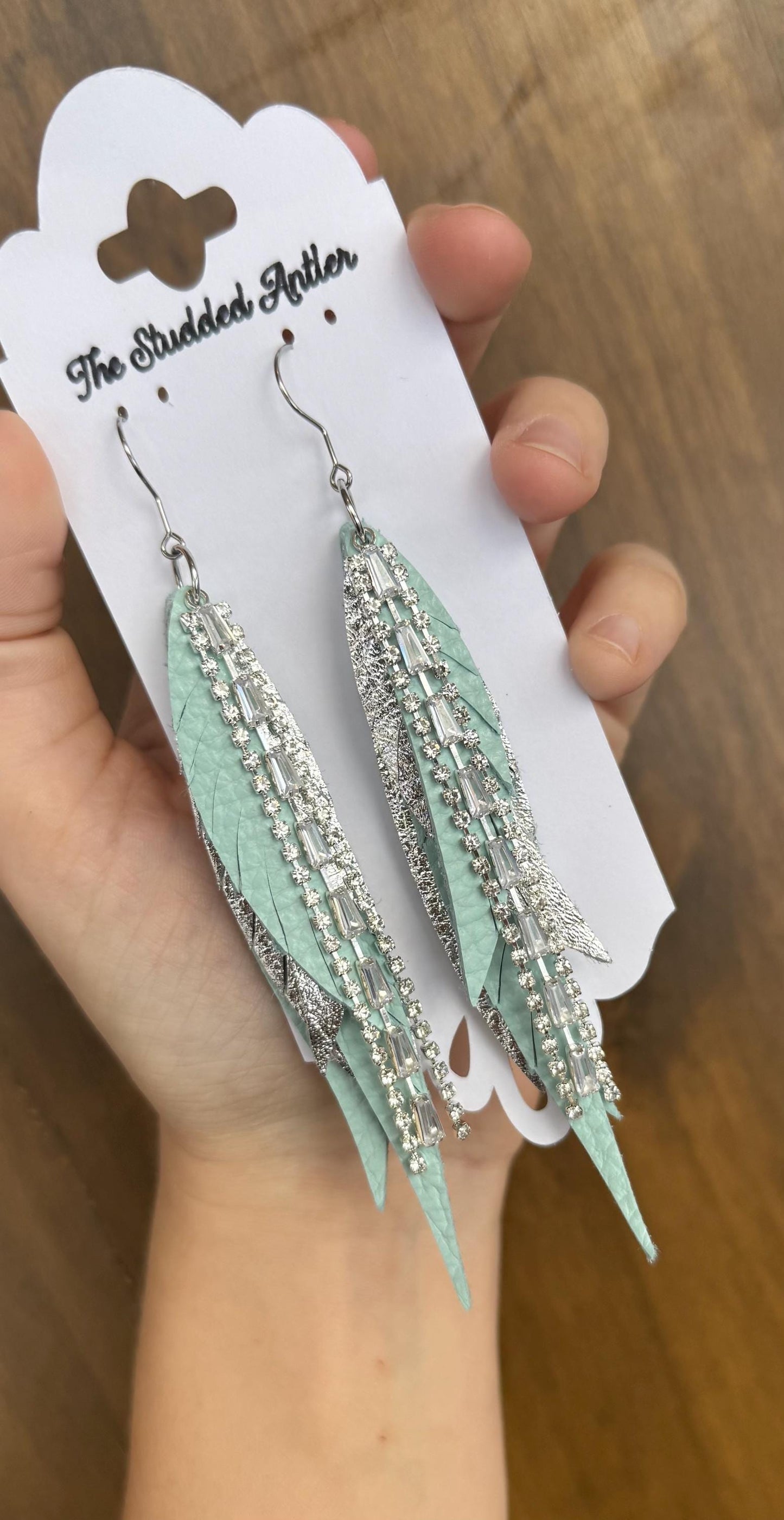 Fringe Feather Genuine Leather Earrings - Mint Blue and Silver