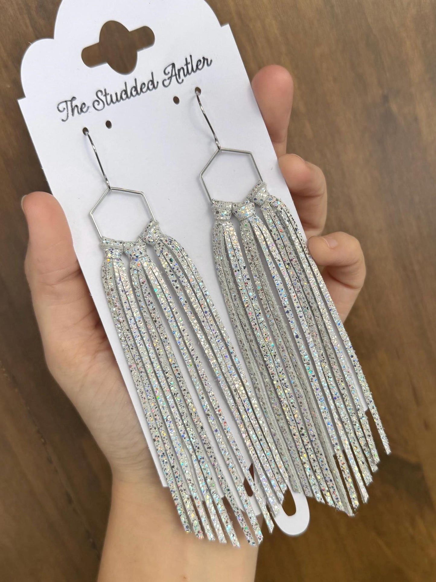 Fringe Hoop Genuine Leather Earrings - White Sparkle