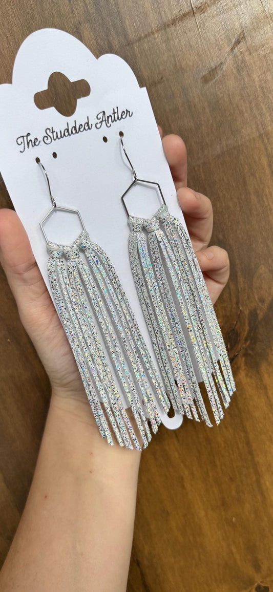 Fringe Hoop Genuine Leather Earrings - White Sparkle