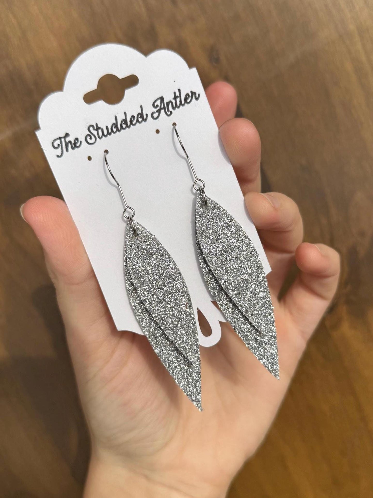 Silver Glitter leather earrings, oval teardrop leather earrings, dangle short leather earrings, lightweight leather earrings, hypoallergenic