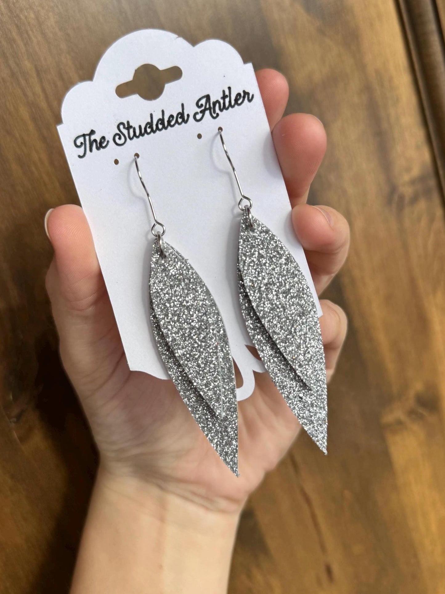 Silver Glitter leather earrings, oval teardrop leather earrings, dangle short leather earrings, lightweight leather earrings, hypoallergenic