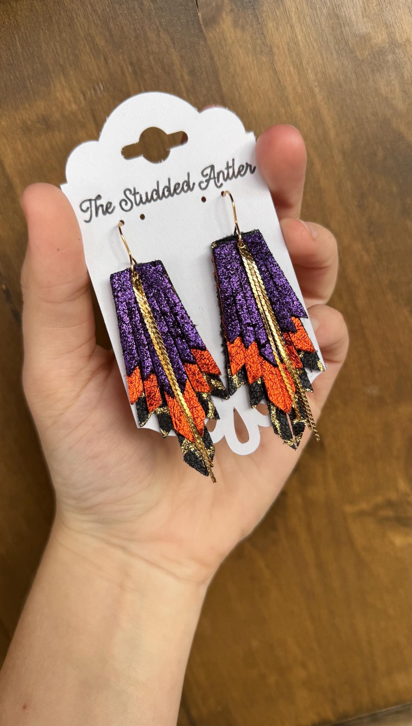 Fringe Feather Genuine Leather Earrings - Orange, Purple, Gold, and Black