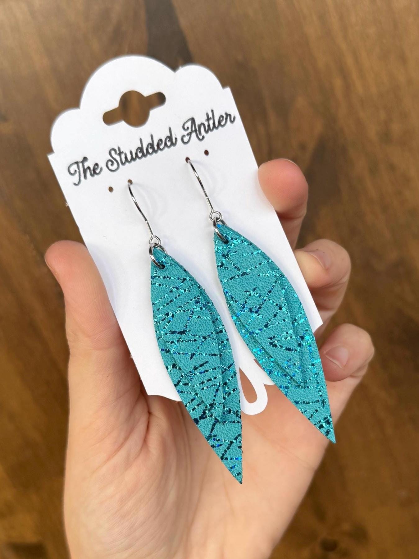 Teal Blue and metallic leather earrings, fringe feather earrings, short dangle leather earrings, boho leather earrings, teardrop earrings