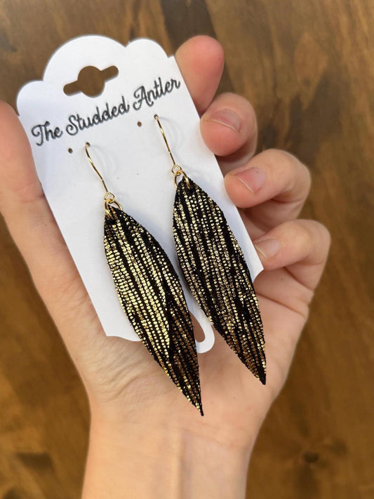 Gold and black metallic leather earrings, fringe feather earrings, short dangle leather earrings, boho leather earrings, teardrop earrings