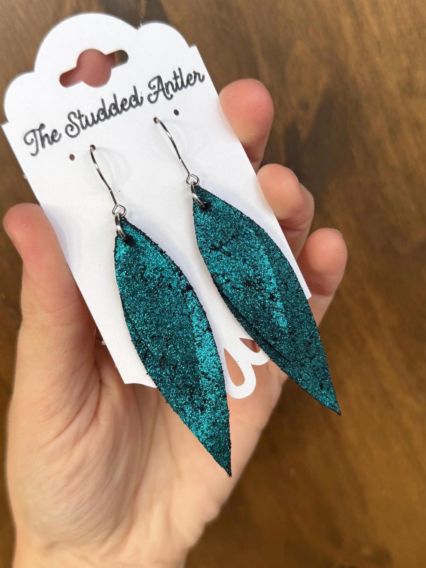 Teal leather earrings, oval earrings, pave CZ bling earring, boho, rustic, dangle long earring, metallic, lightweight, hypoallergenic