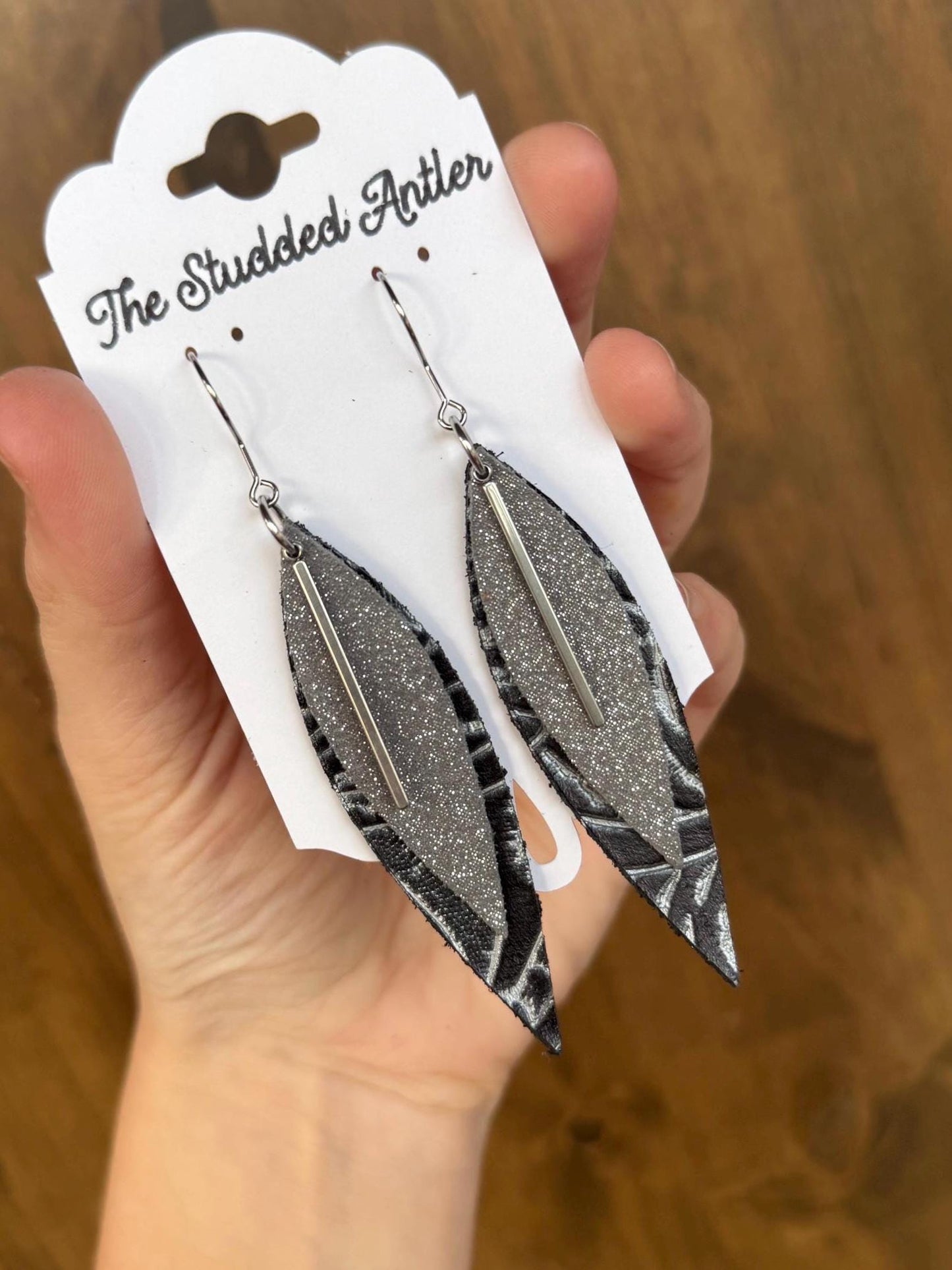 Silver Gray and black leather earrings, fringe feather earrings, short dangle leather earrings, boho leather earrings, teardrop earrings