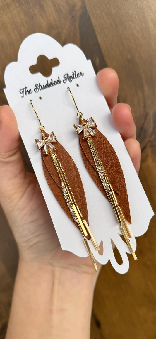 Teardrop Genuine Leather Earrings - Light Brown and Gold