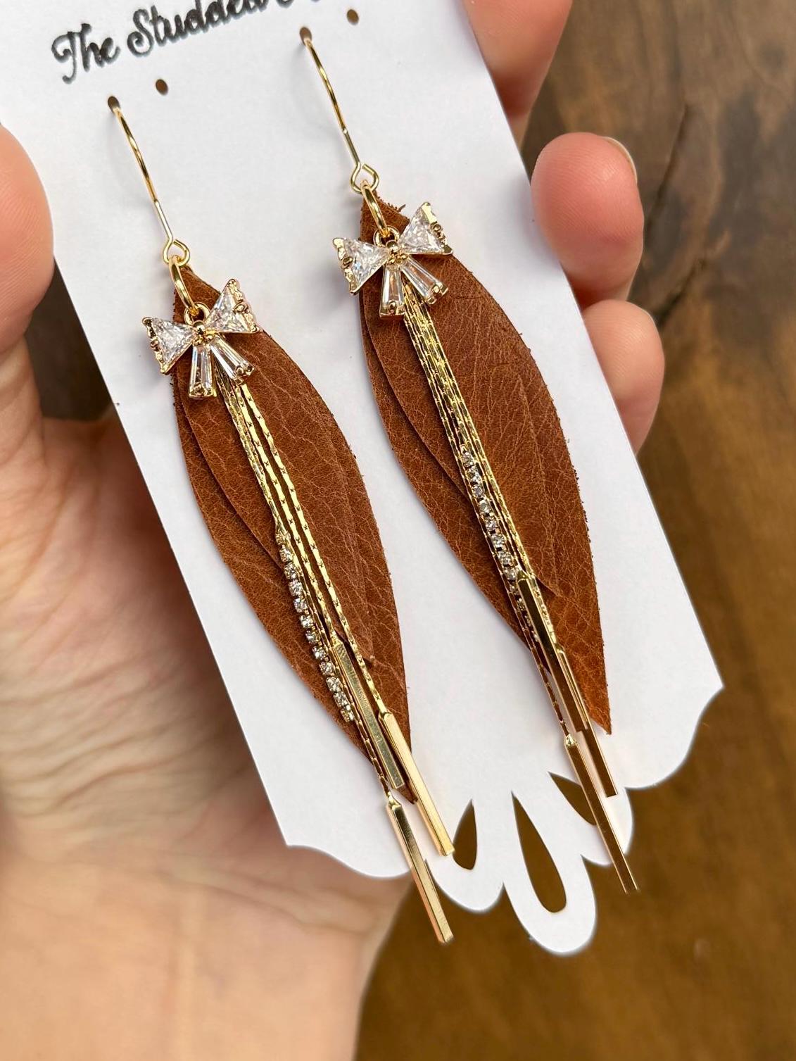 Teardrop Genuine Leather Earrings - Light Brown and Gold