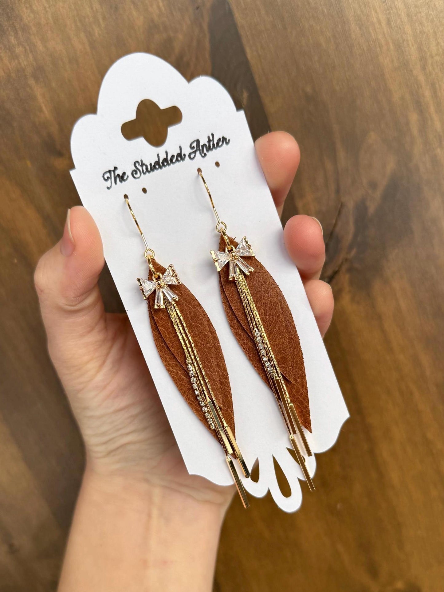 Teardrop Genuine Leather Earrings - Light Brown and Gold