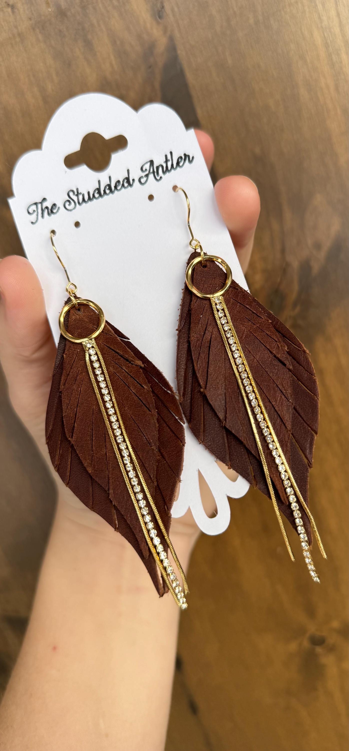 Fringe Feather Genuine Leather Earrings - Brown and Gold