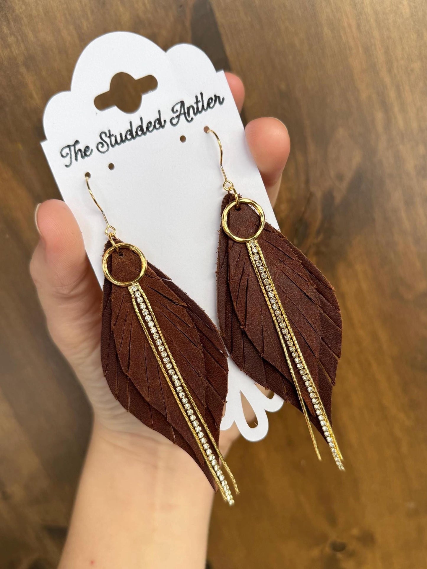 Fringe Feather Genuine Leather Earrings - Brown and Gold