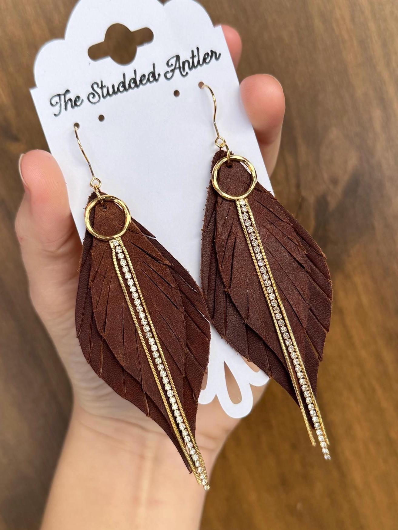 Fringe Feather Genuine Leather Earrings - Brown and Gold