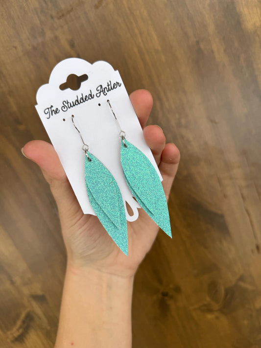 Teardrop Genuine Leather Earrings - Aqua Blue Glitter