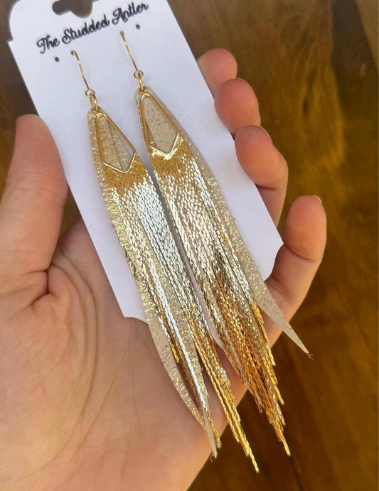 Fringe Feather Genuine Leather Earrings - Gold Shimmer