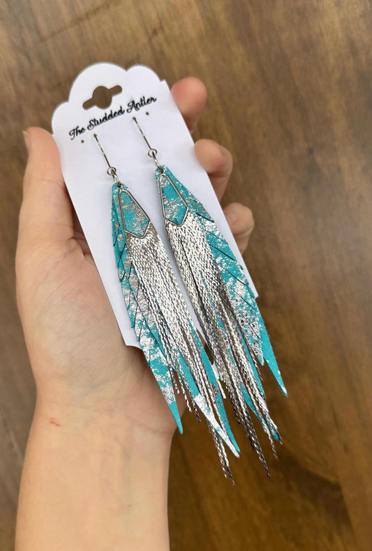 Fringe Feather Genuine Leather Earrings - Blue  and Silver Metallic