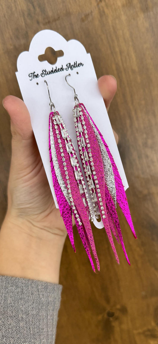 Fringe Feather Genuine Leather Earrings - Hot Pink Metallic and Silver