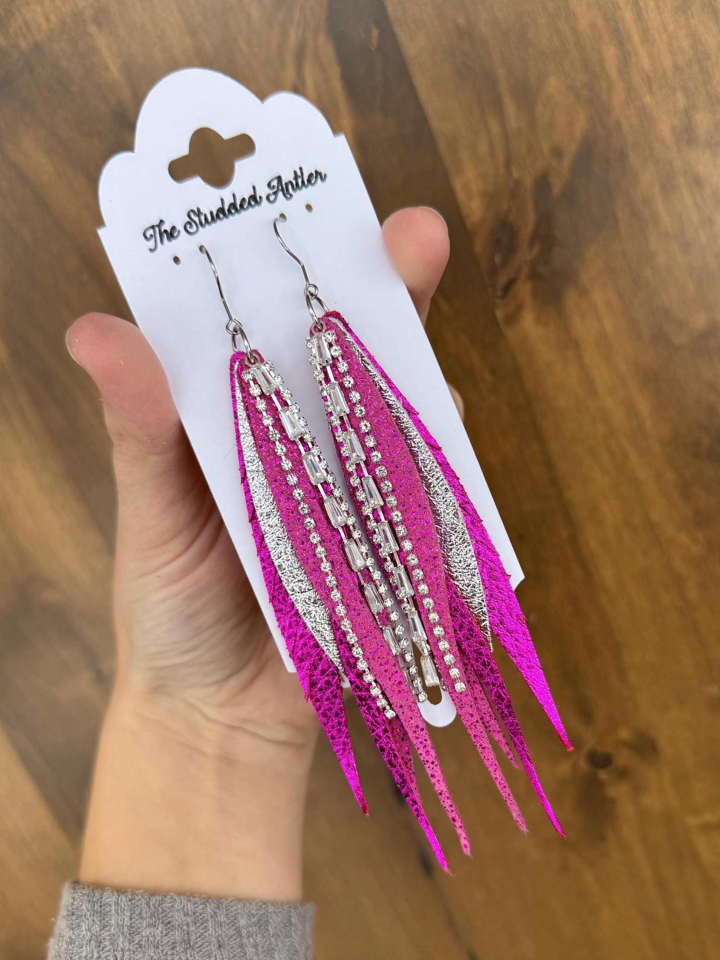 Fringe Feather Genuine Leather Earrings - Hot Pink Metallic and Silver