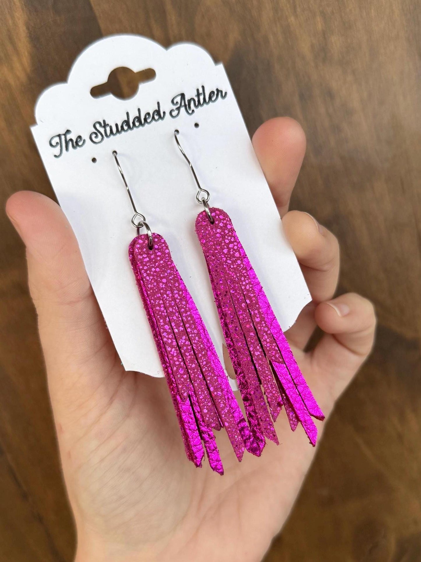 Fringe Genuine Leather Earrings - Pink Metallic