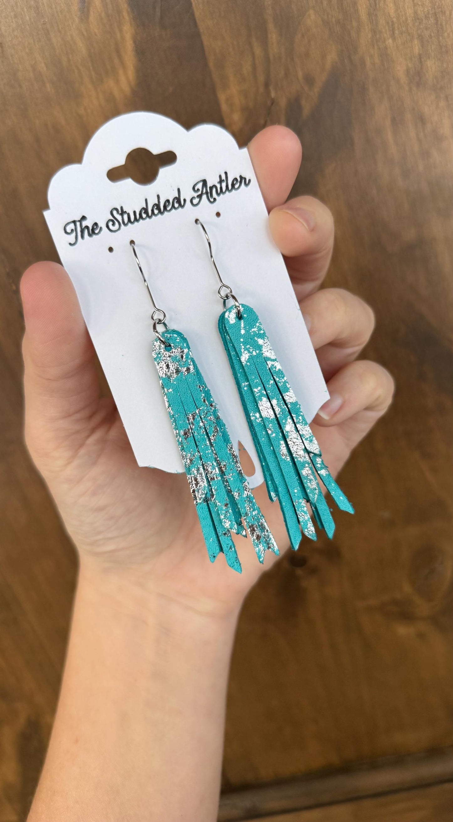 Fringe Genuine Leather Earrings - Aqua Blue and Silver