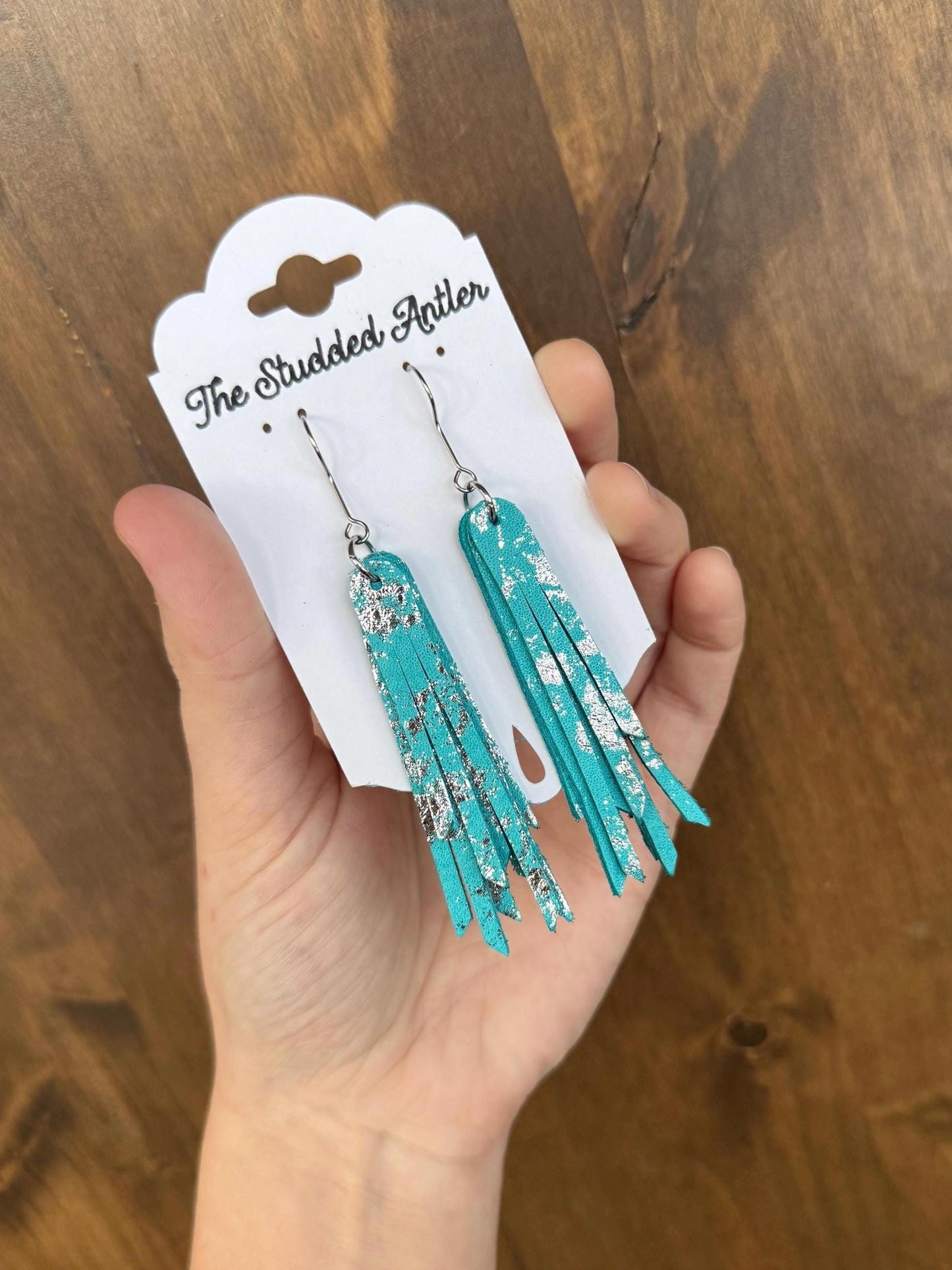 Fringe Genuine Leather Earrings - Aqua Blue and Silver