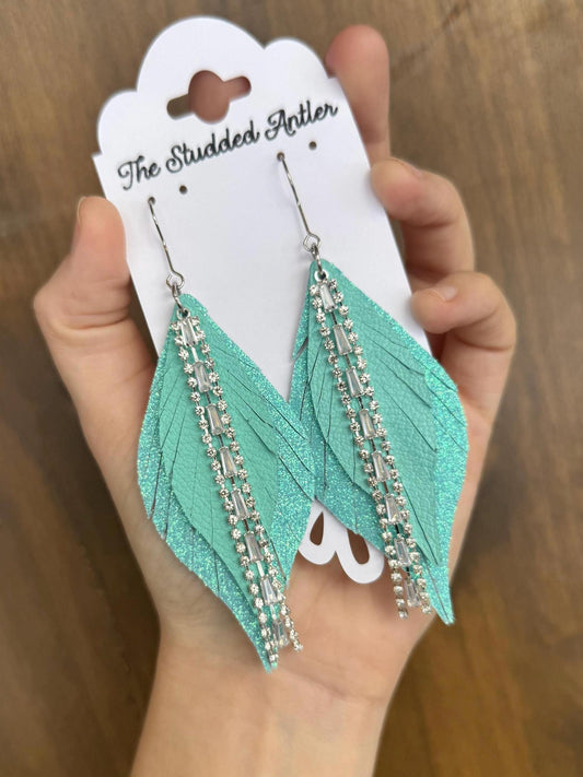 Fringe Feather Genuine Leather Earrings - Aqua Blue Glitter