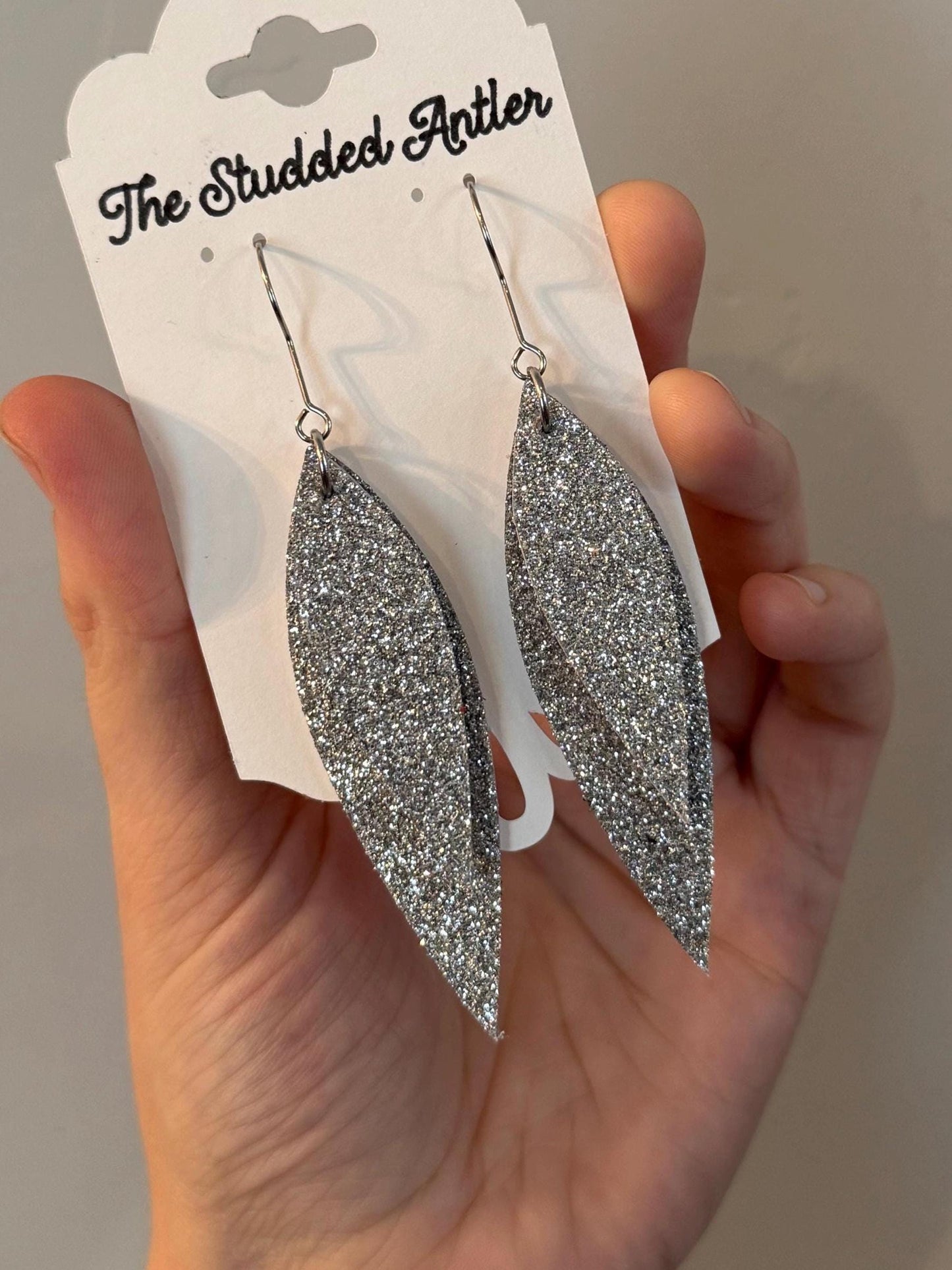 Silver Glitter leather earrings, oval teardrop leather earrings, dangle short leather earrings, lightweight leather earrings, hypoallergenic